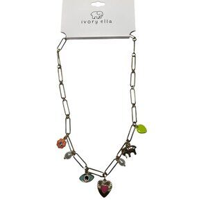 Ivory Ella Charm Necklace Gold Link with Hearts, Elephant, Evil Eye NWT